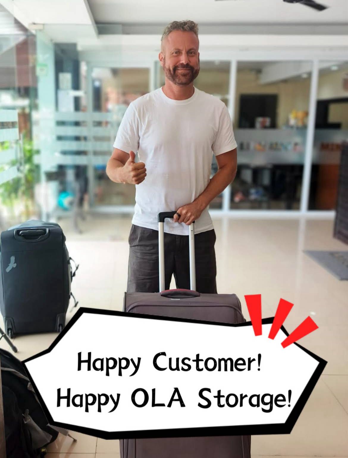 Happy traveller using OLA luggage storage Bali airport